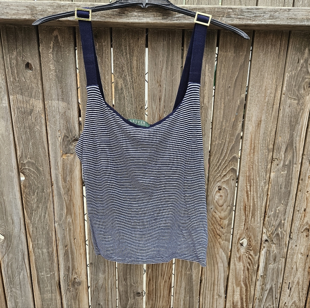 Lauren Ralph Lauren Navy and White Striped Adjustable-strap Tank Size L